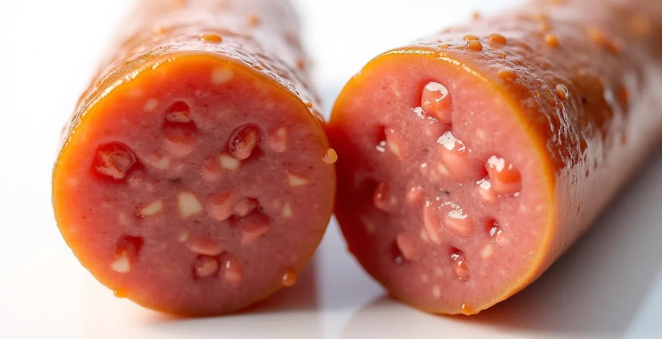 Mikroskopische Nahaufnahme zeigt unterschiedliche Textur von gereifter und frischer Wurst