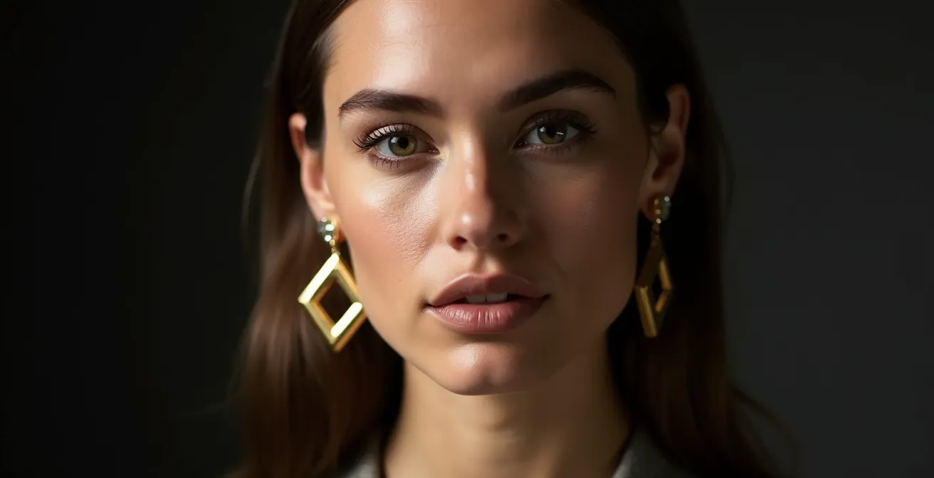 Frau trägt einzelnen Statement-Ohrring auf einer Seite