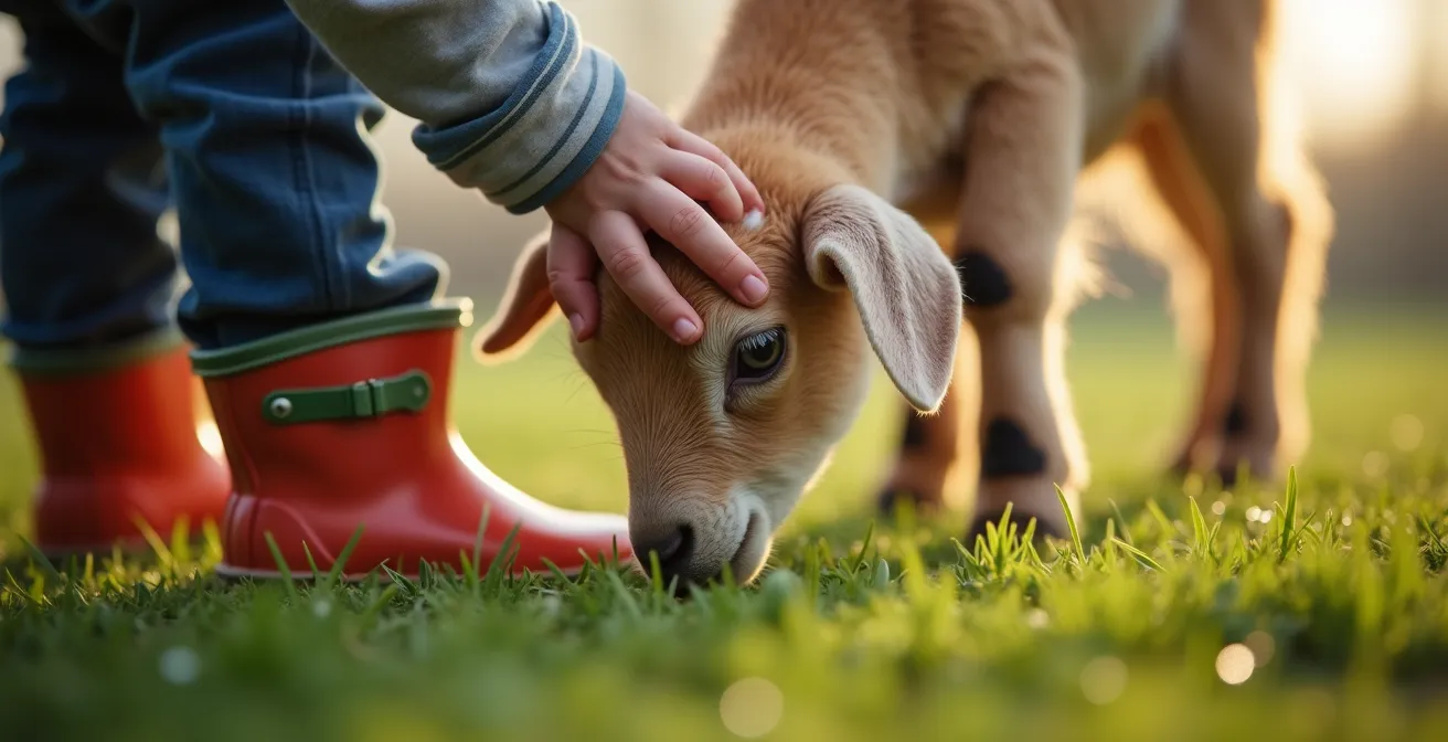 Kinder erleben Bauernhofalltag mit Tieren in ländlicher Umgebung