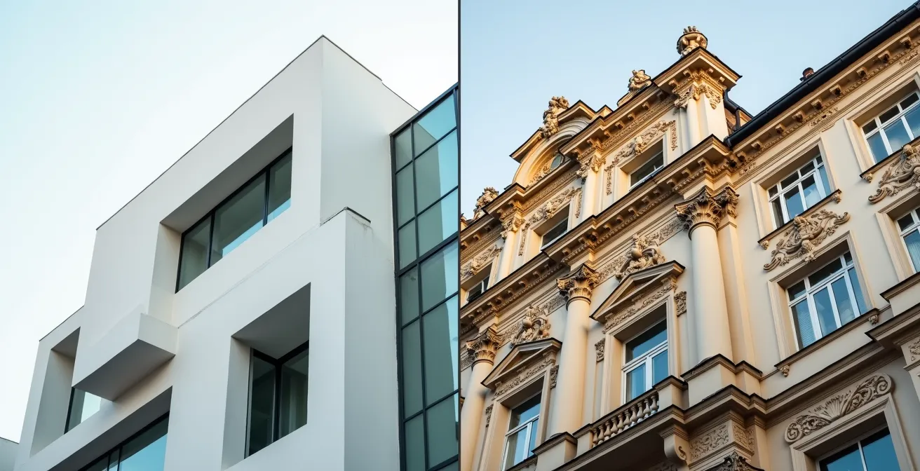 Kontrastierendes Nebeneinander von Bauhaus-Architektur und barocker Residenz