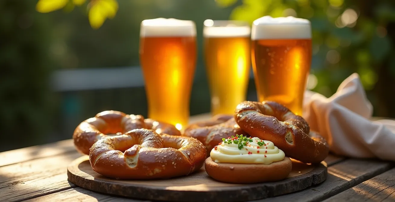 Traditionelle bayerische Brotzeit mit verschiedenen Biersorten und Spezialitäten