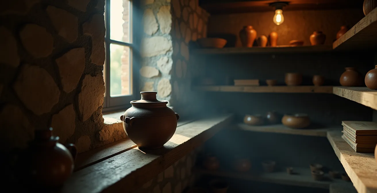 Zeitlicher Verlauf der Marinierung eines Sauerbratens über fünf Tage, dargestellt in einem kühlen Keller.