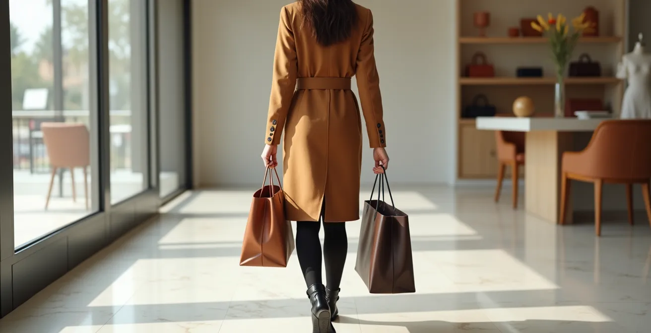 Stilvolle Fashionista beim Luxus-Shopping in Berlin-Mitte mit Designer-Taschen