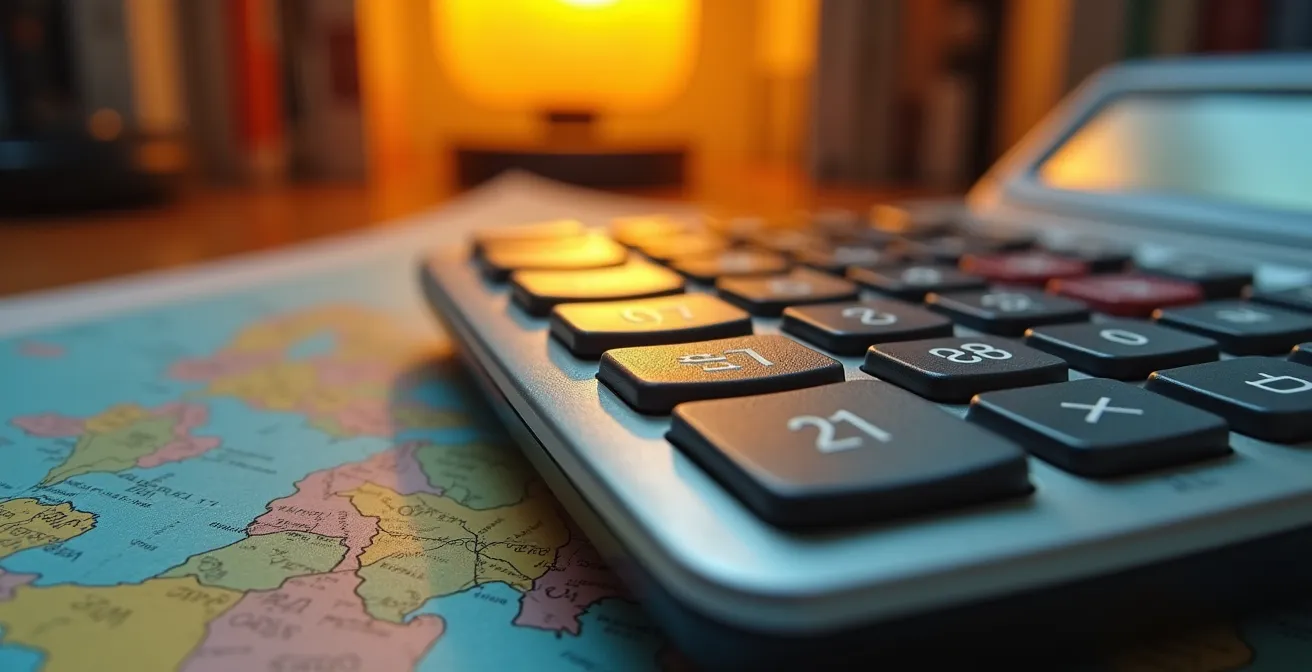Ein Taschenrechner liegt auf einem stilisierten Stadtplan von Berlin und symbolisiert die Berechnung der Kosten für einen Städtetrip.