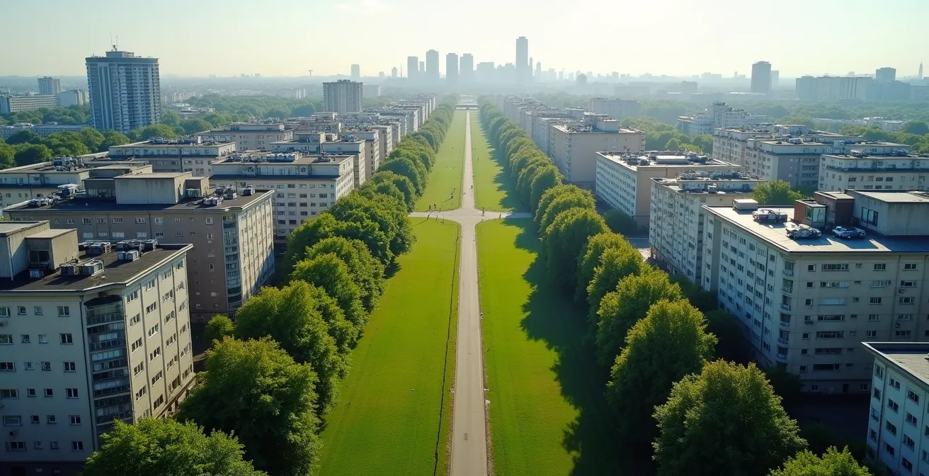Luftaufnahme zeigt den ehemaligen Mauerstreifen als grünen Park zwischen modernen Gebäuden und historischen Altbauten