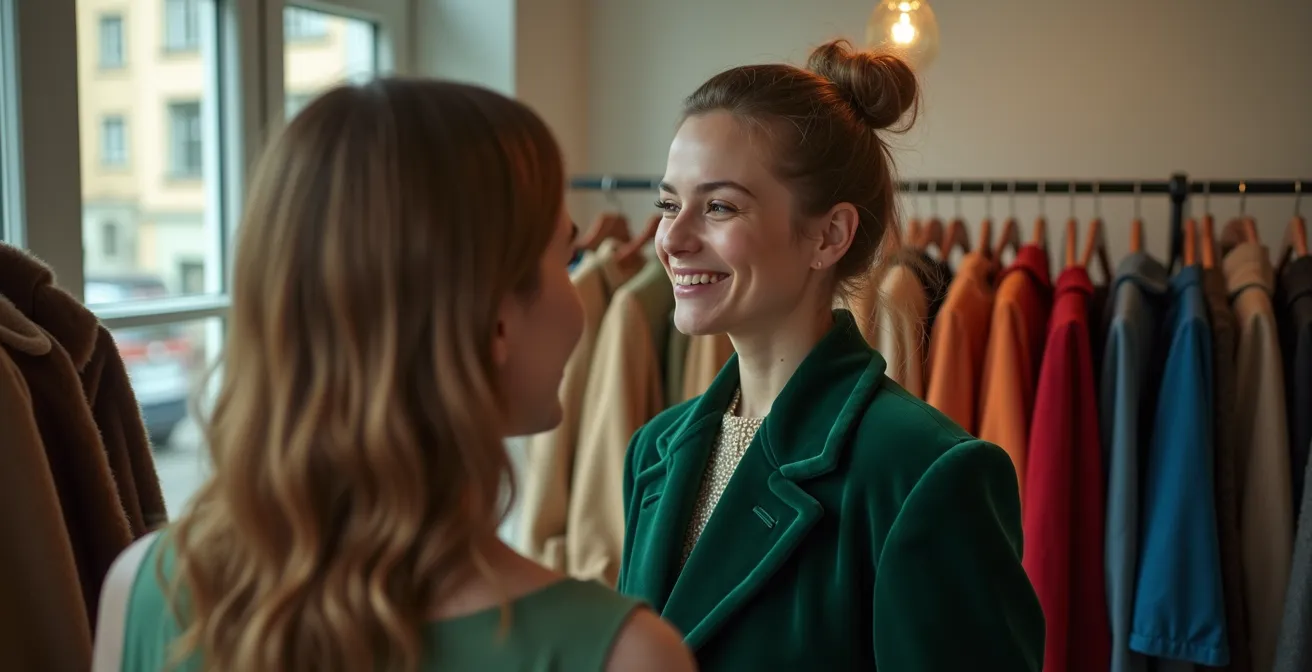 Innenansicht eines charakteristischen Berliner Vintage-Ladens mit bunten Kleiderstangen und weißer minimalistischer Einrichtung