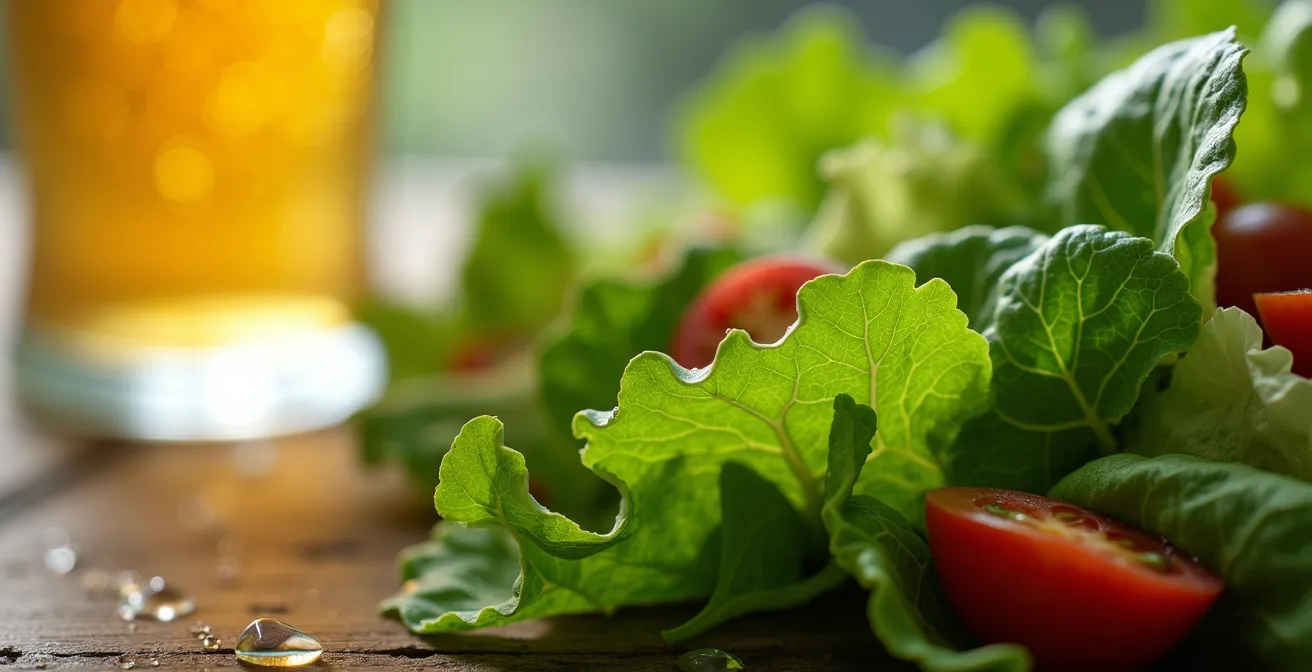 Frischer Salat mit Bierglas in harmonischer Anordnung
