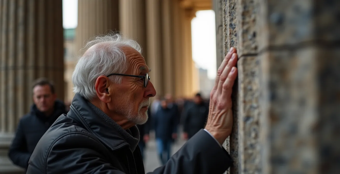 Menschen durchqueren das Brandenburger Tor in bewegtem Moment
