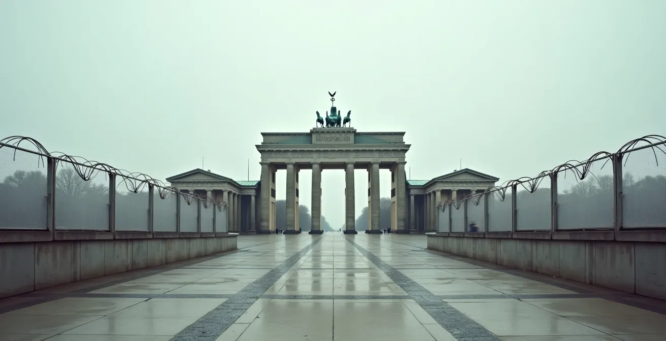 Das isolierte Brandenburger Tor im Niemandsland zwischen Ost und West während der Mauerzeit