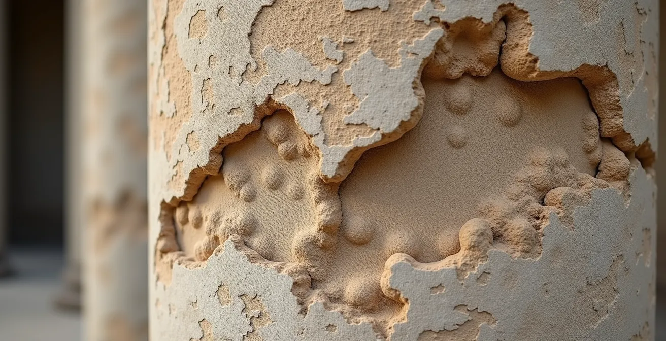 Nahaufnahme der verwitterten Sandsteinsäulen mit sichtbaren Kriegsschäden und Reparaturen