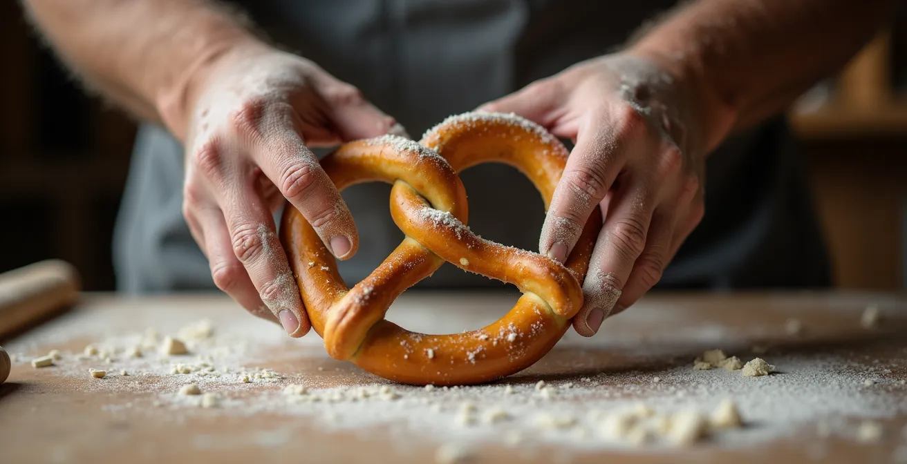 Bäckerhände formen Brezelteig in charakteristische verschlungene Form
