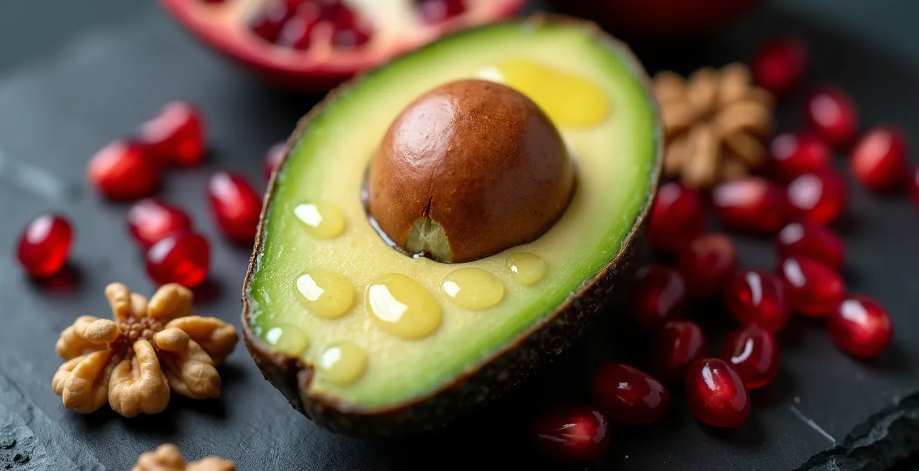 Künstlerische Darstellung der Verbindung zwischen Ernährung und Hautgesundheit durch frische, natürliche Lebensmittel