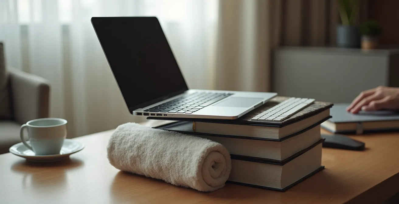 Hotelzimmer mit improvisiertem ergonomischen Arbeitsplatz durch gestapelte Bücher und ein Handtuch als Rückenstütze.