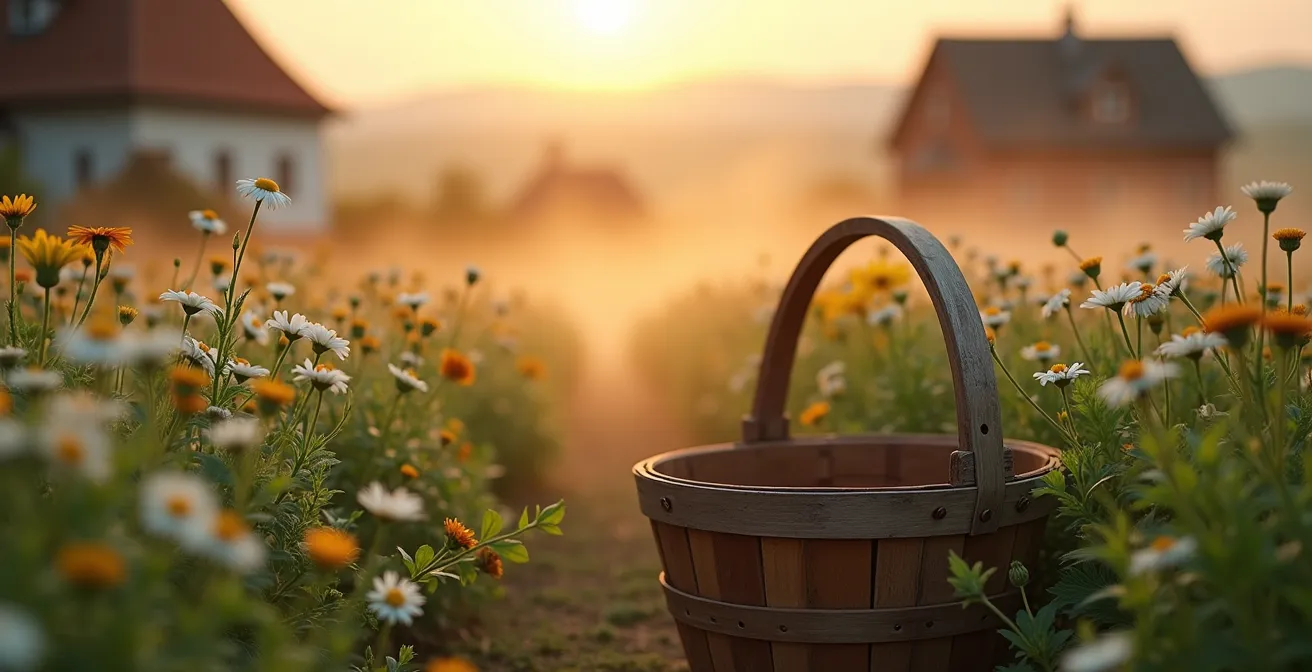 Weitwinkelaufnahme eines traditionellen deutschen Kräutergartens im Morgenlicht mit Heilpflanzen.