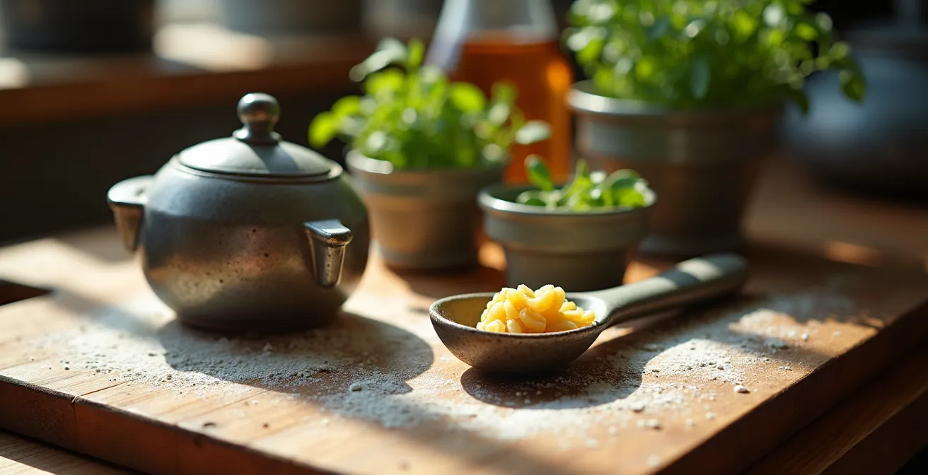 Detailaufnahme einer traditionellen deutschen Küche mit regionalen Küchengeräten wie einem Spätzlehobel.