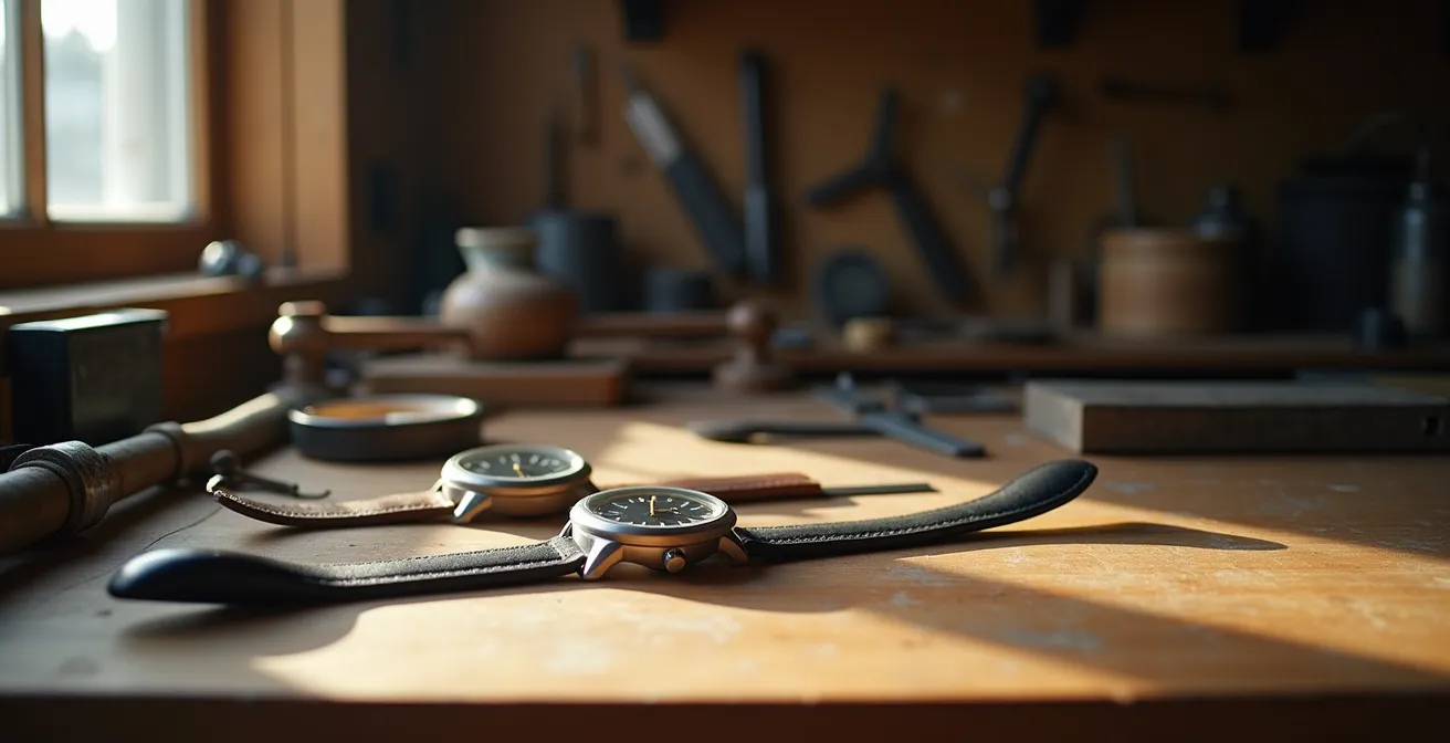 Uhrmacher-Werkbank mit traditionellen deutschen Uhren und Werkzeugen