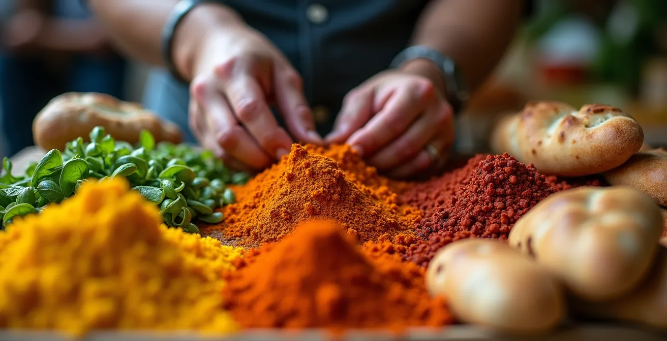 Lebendige Szene auf einem deutschen Wochenmarkt mit typischen Markt-Mahlzeiten