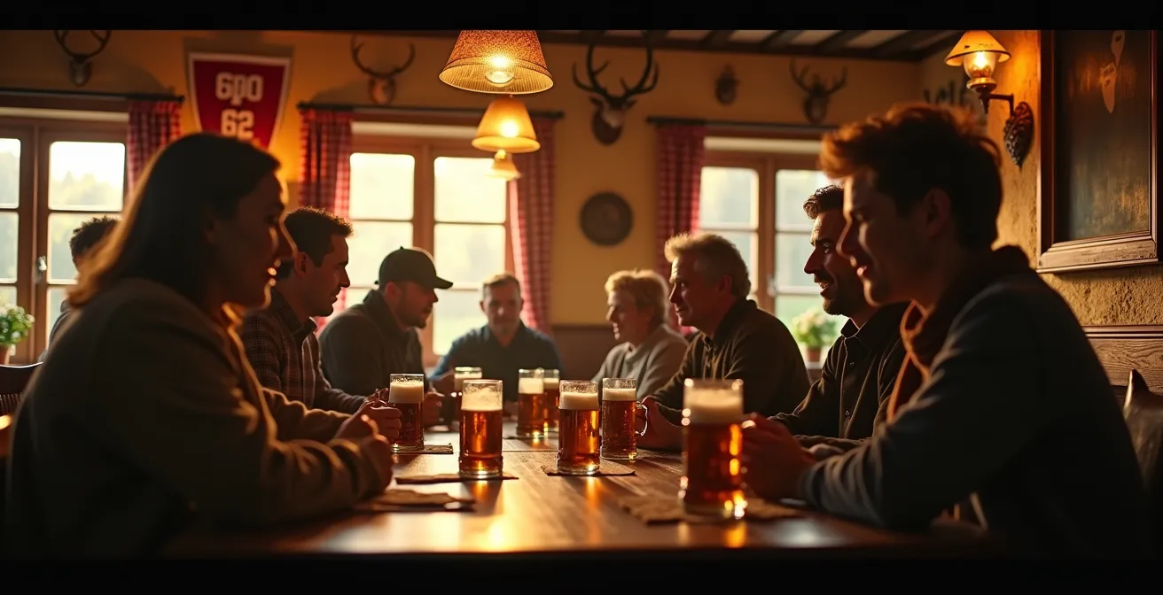Einladender Blick in einen traditionellen deutschen Dorfgasthof mit einem gemütlichen Stammtisch aus Holz.