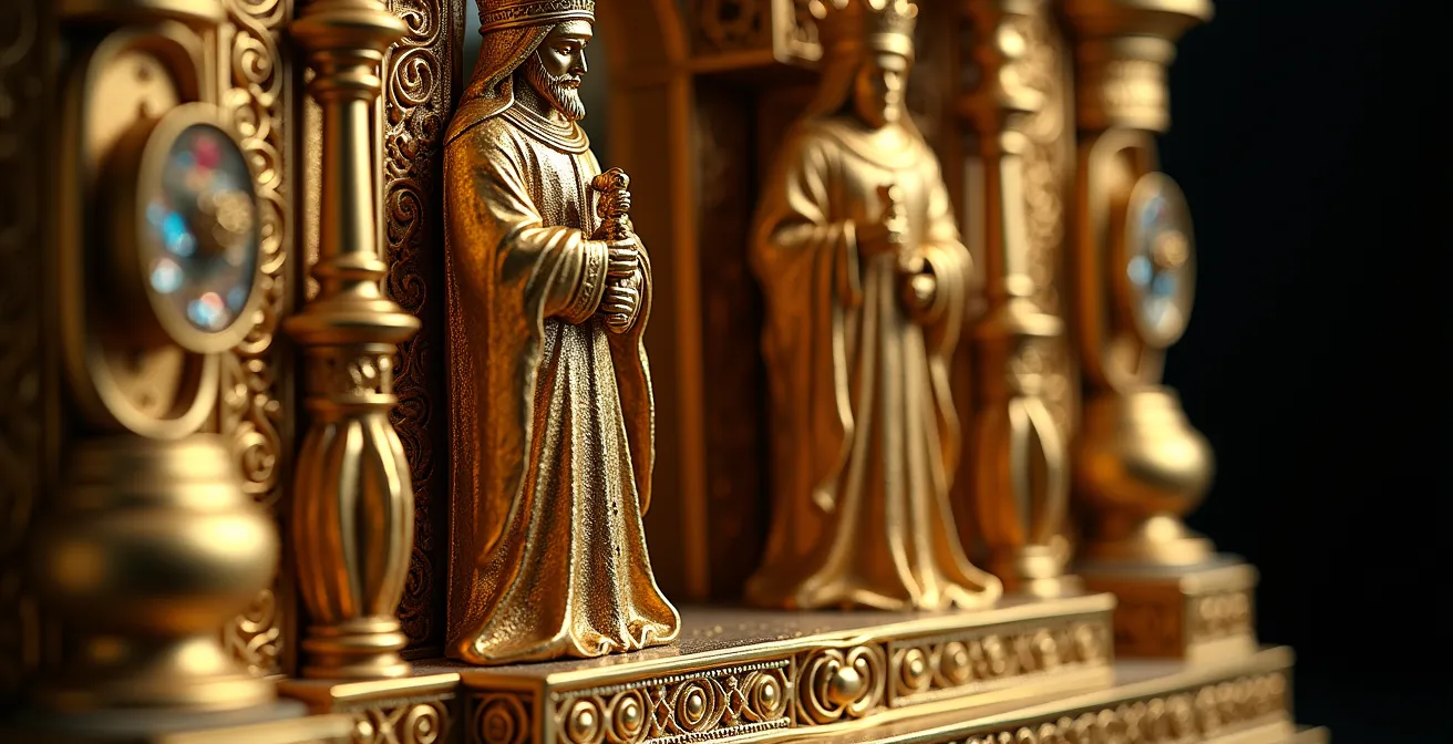 Detailaufnahme des goldenen Dreikönigschreins mit kunstvoller mittelalterlicher Goldschmiedearbeit