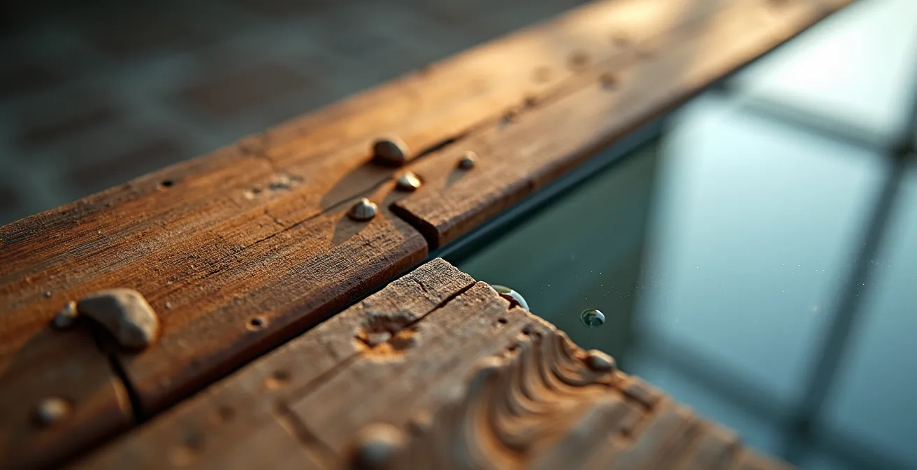 Makroaufnahme zeigt die Textur von altem Fachwerkholz, das nahtlos in moderne Glaselemente übergeht