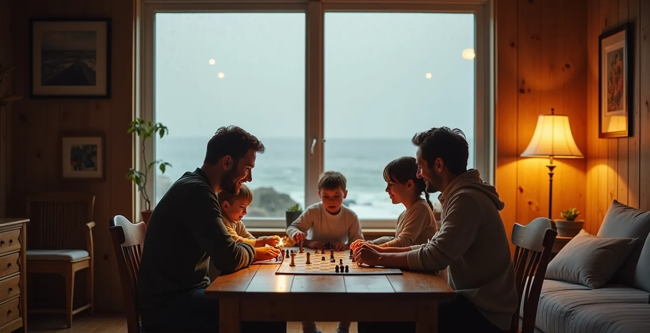 Gemütliche Familienszene in einem Ferienhaus bei Regenwetter
