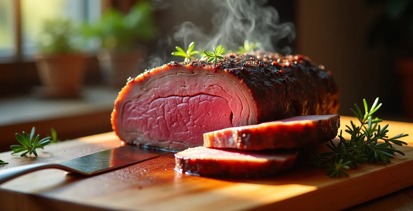 Querschnitt eines ruhenden Rinderbratens mit sichtbarer Saftverteilung