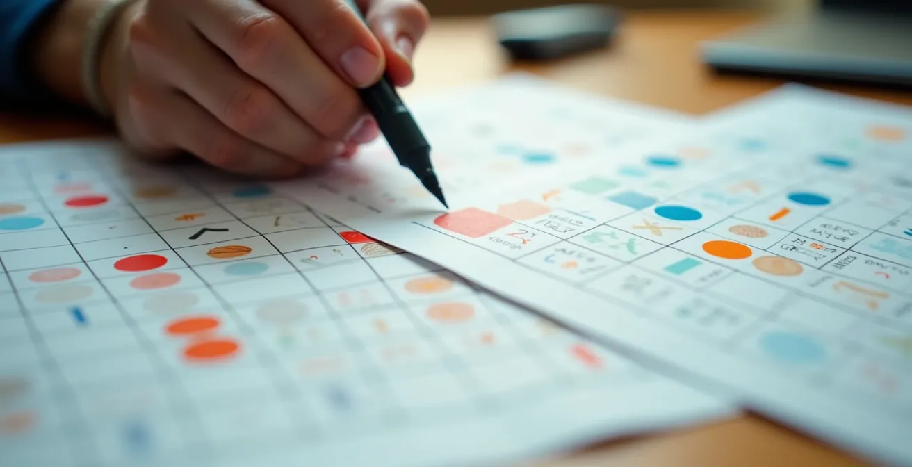 Ein Kalender mit farblich markierten Daten, der die strategische Planung von Hotelbuchungen zur Vermeidung von Messezeiten symbolisiert.