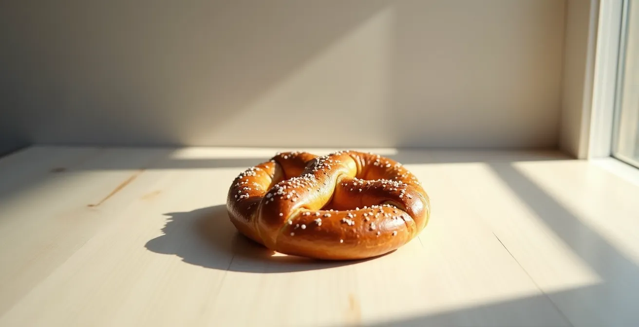 Detailaufnahme von trockenen Salzkristallen auf frischer Brezelkruste