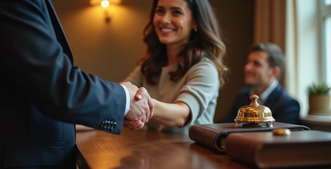 Herzlicher Empfang eines Gastes durch den Hotelbesitzer in einer intimen Lobby-Atmosphäre