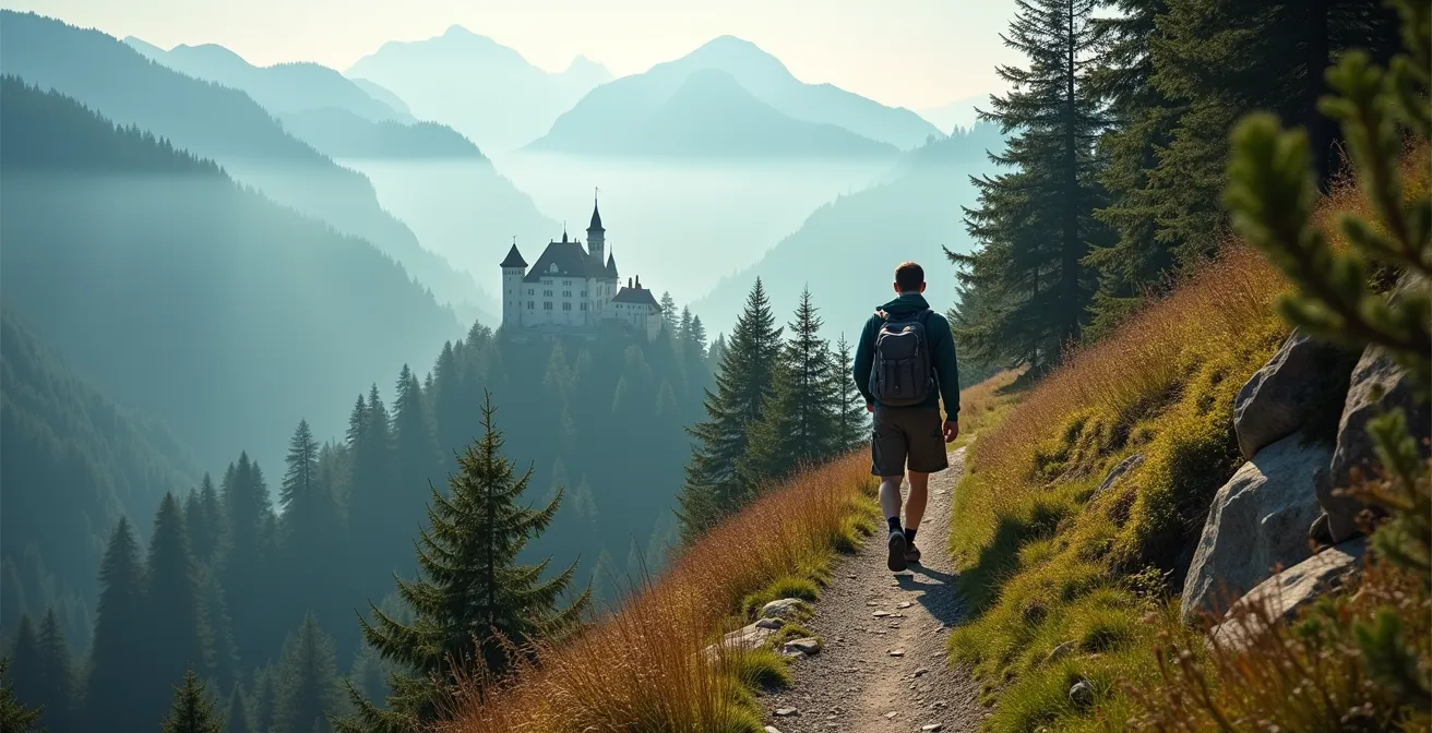 Versteckter Wanderweg mit einsamem Blick auf Neuschwanstein aus ungewöhnlicher Perspektive
