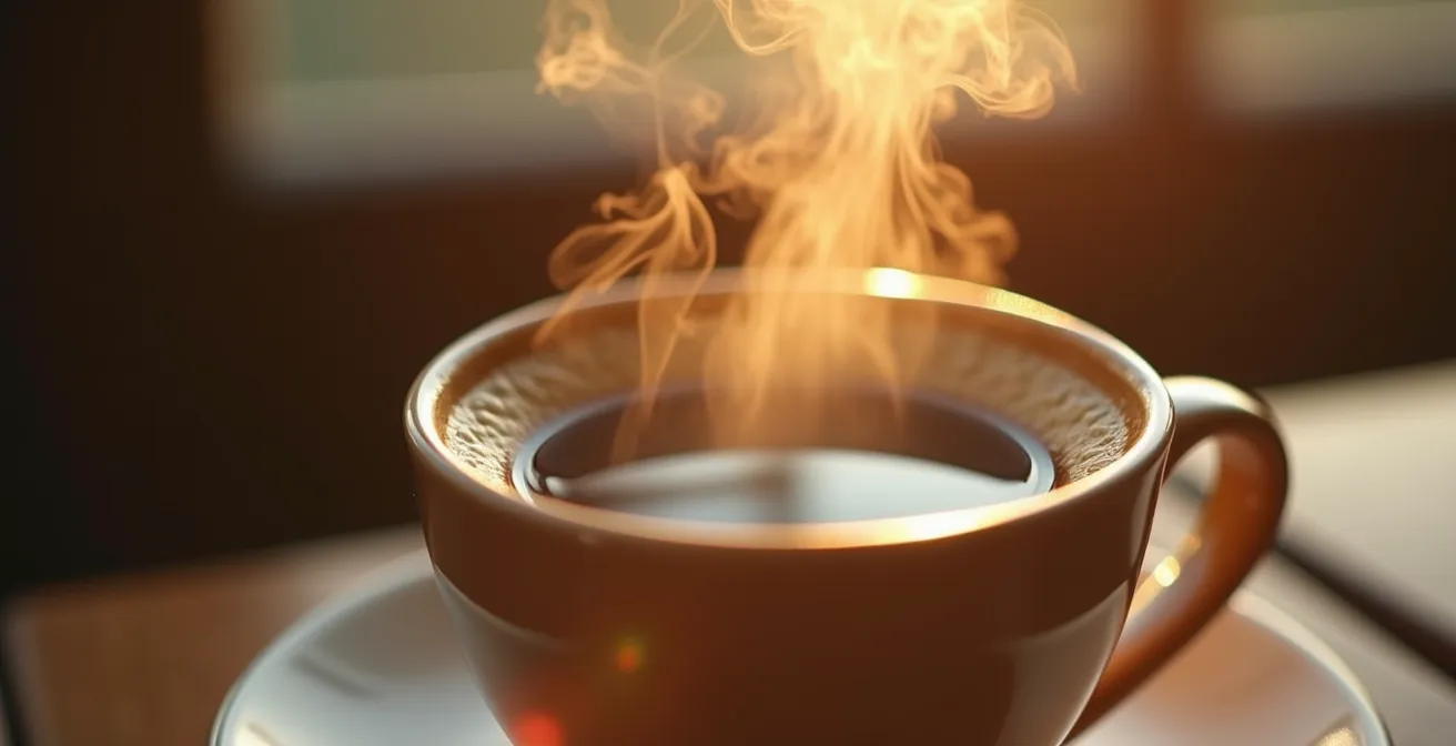 Makroaufnahme von Kaffeetasse mit Dampf und unscharfem Hintergrund