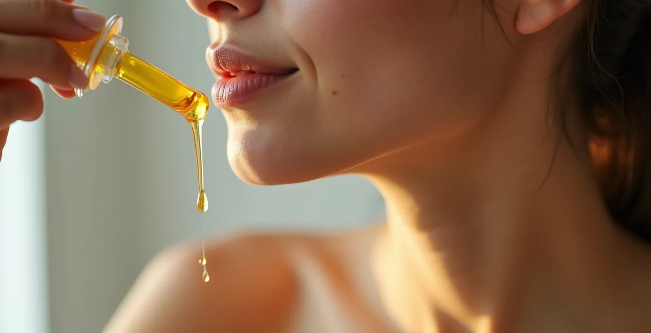 Detailaufnahme von goldenen Öltropfen auf feuchter Haut mit sichtbarem Glanz