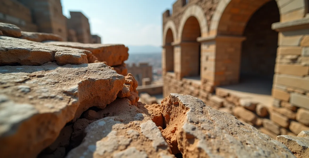 Nahaufnahme der gespaltenen Mauern des gesprengten Turms mit scharfen Bruchkanten