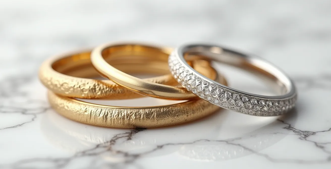 Moderne Kombination aus Gold- und Silberschmuck arrangiert auf Marmor