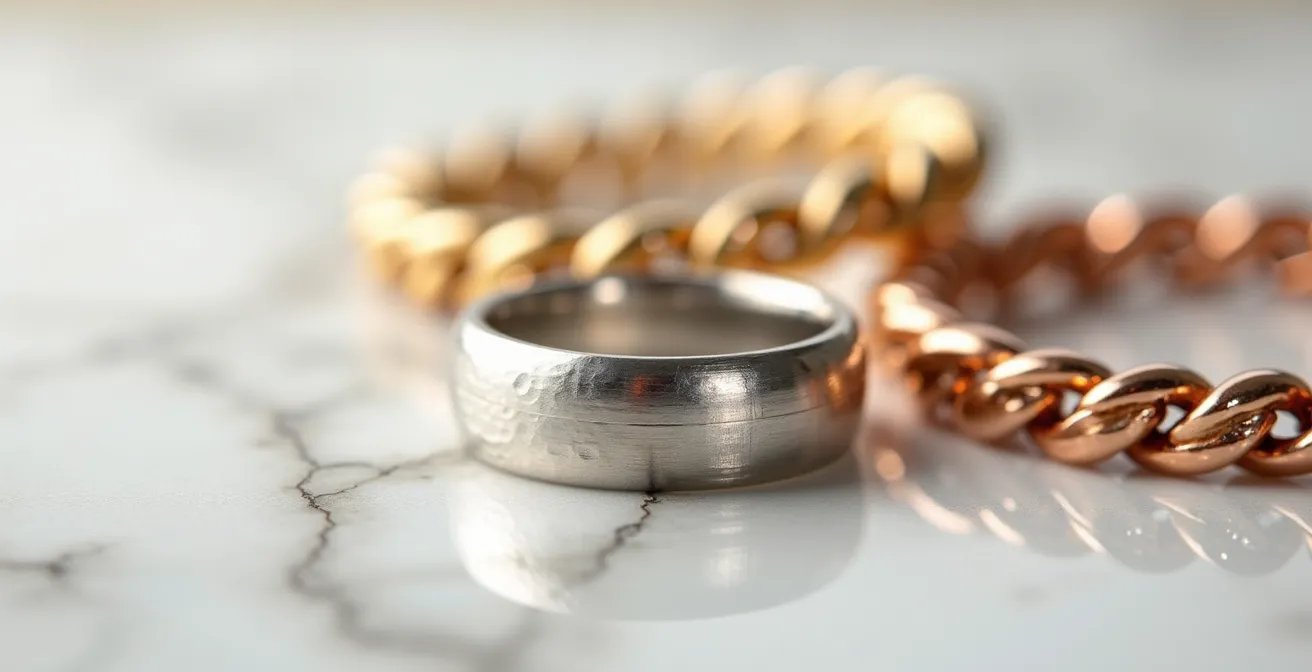 Elegante Kombination von Gold- und Silberschmuck auf Marmor