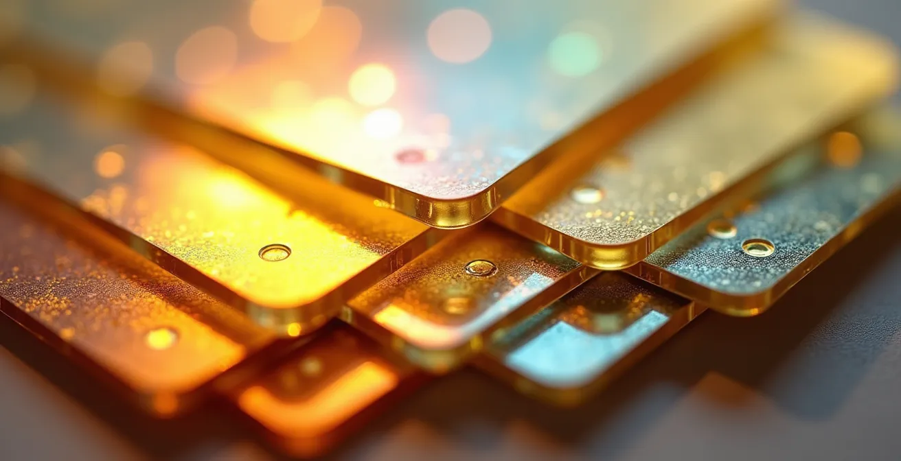 Abstrakt gestapelte, durchsichtige Karten in Gold und Silber, die die verschiedenen Ebenen des Rabatt-Stacking symbolisieren.