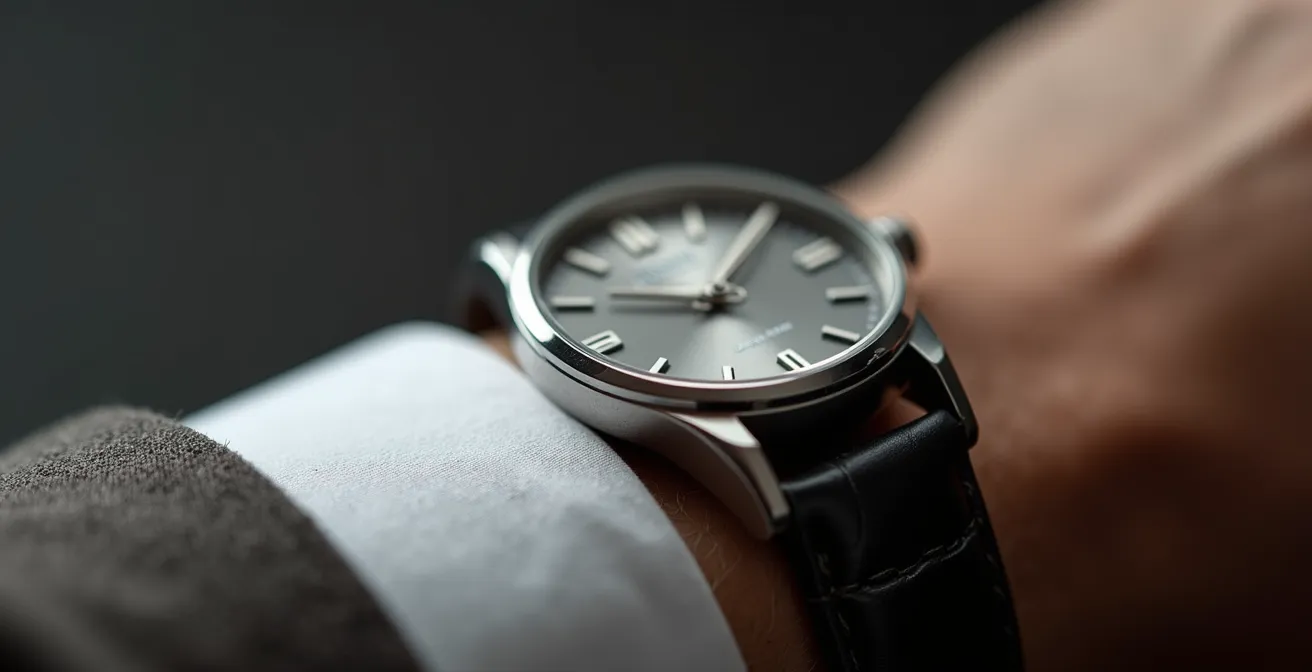 Detailaufnahme von Handgelenk mit Uhr und Ohrschmuck im selben Metallton