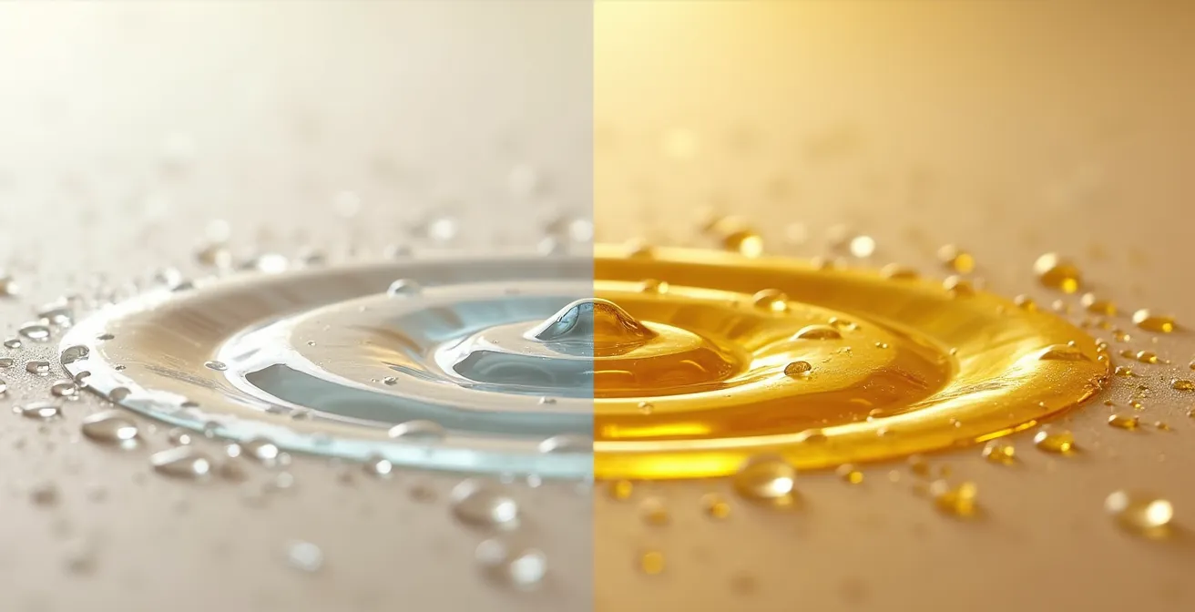 Symbolische Darstellung von Wassertropfen und Öltropfen auf Hautoberfläche