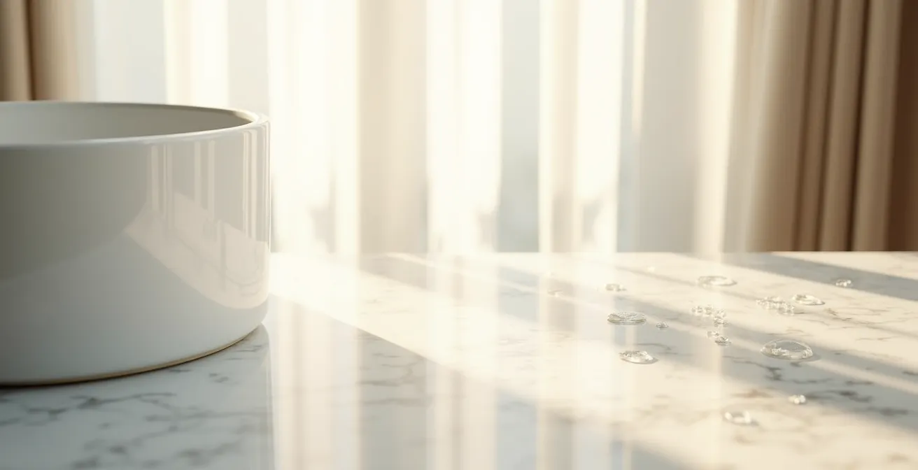 Minimalistische Darstellung eines leeren Badezimmertisches mit natürlichem Licht