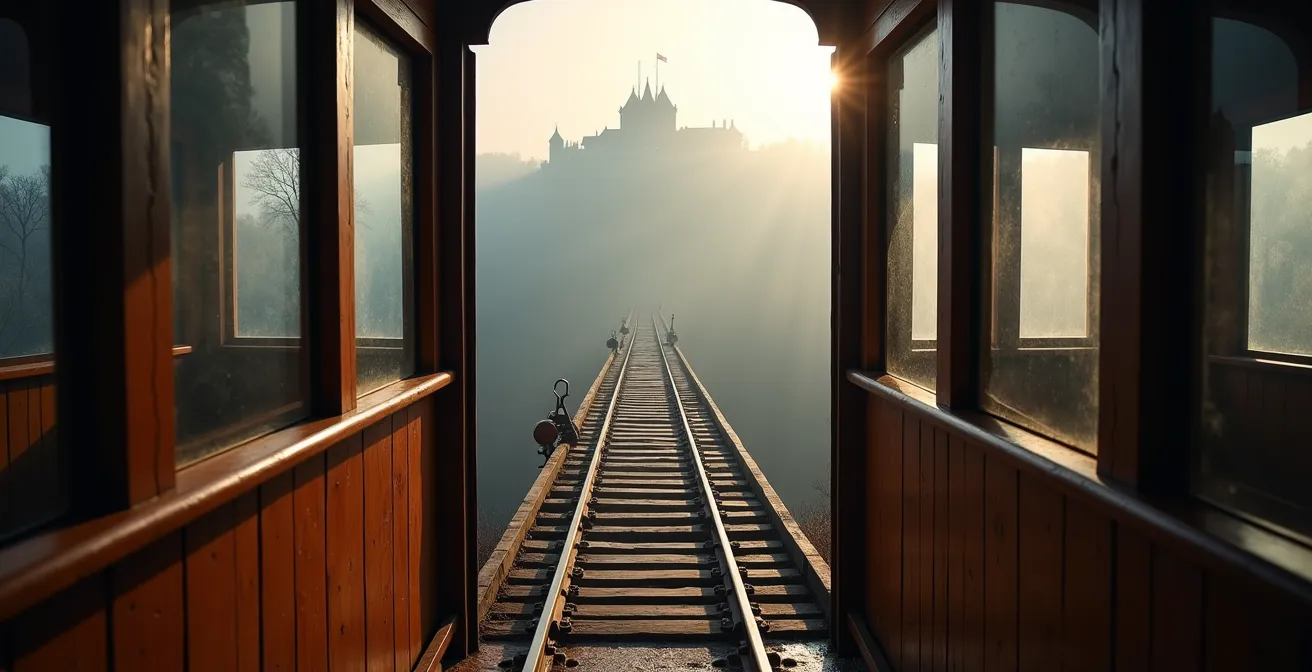Heidelberger Bergbahn in Fahrt mit dramatischem Blick auf das Schloss aus der Vogelperspektive