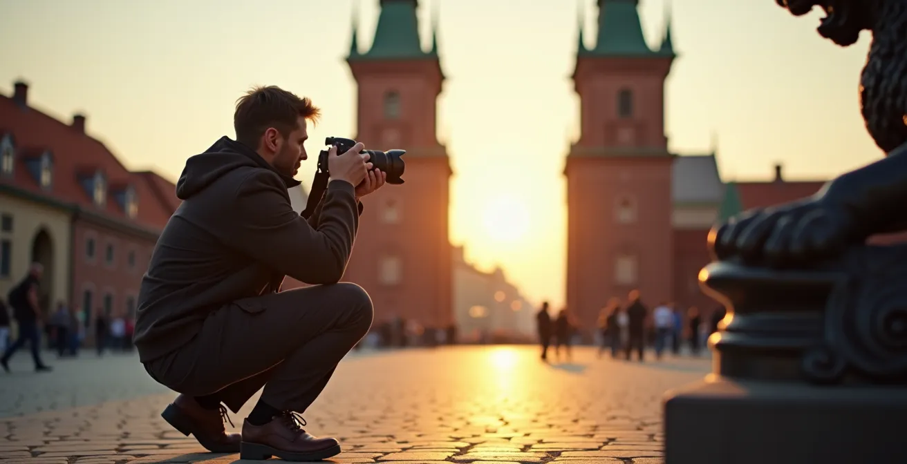 Fotograf bei Aufnahme des Holstentors mit Löwenstatuen im Vordergrund