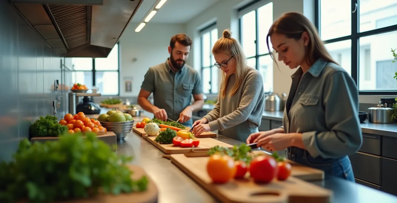 Backpacker kochen gemeinsam in einer Hostelküche