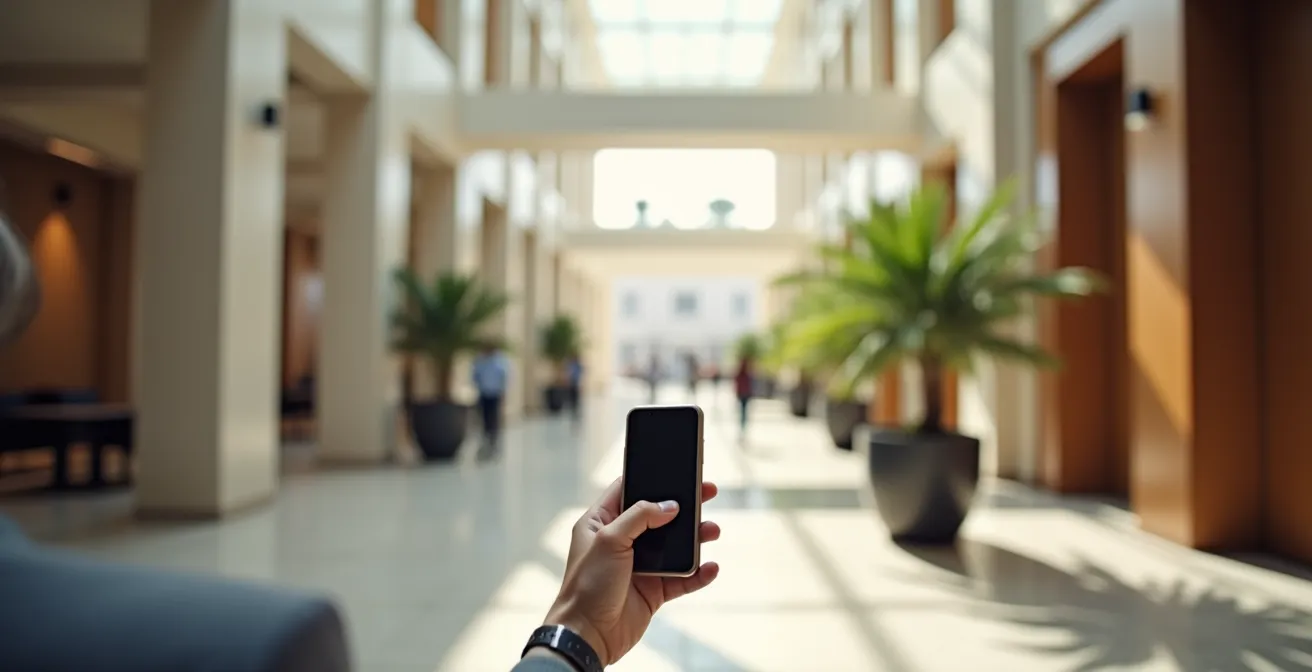 Ein Hotelgast wählt auf dem Smartphone-Display sein Wunschzimmer auf einem digitalen Grundriss des Stockwerks aus.
