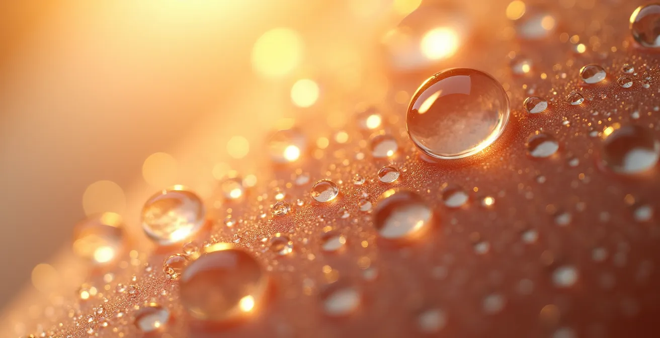 Makroaufnahme von Wassertropfen auf glänzender Hautoberfläche