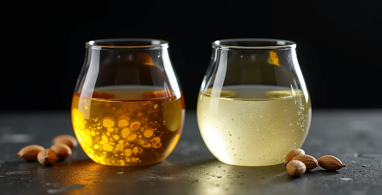Vergleich von kaltgepresstem, goldfarbenem Öl und raffiniertem, klarem Öl in durchsichtigen Flaschen.