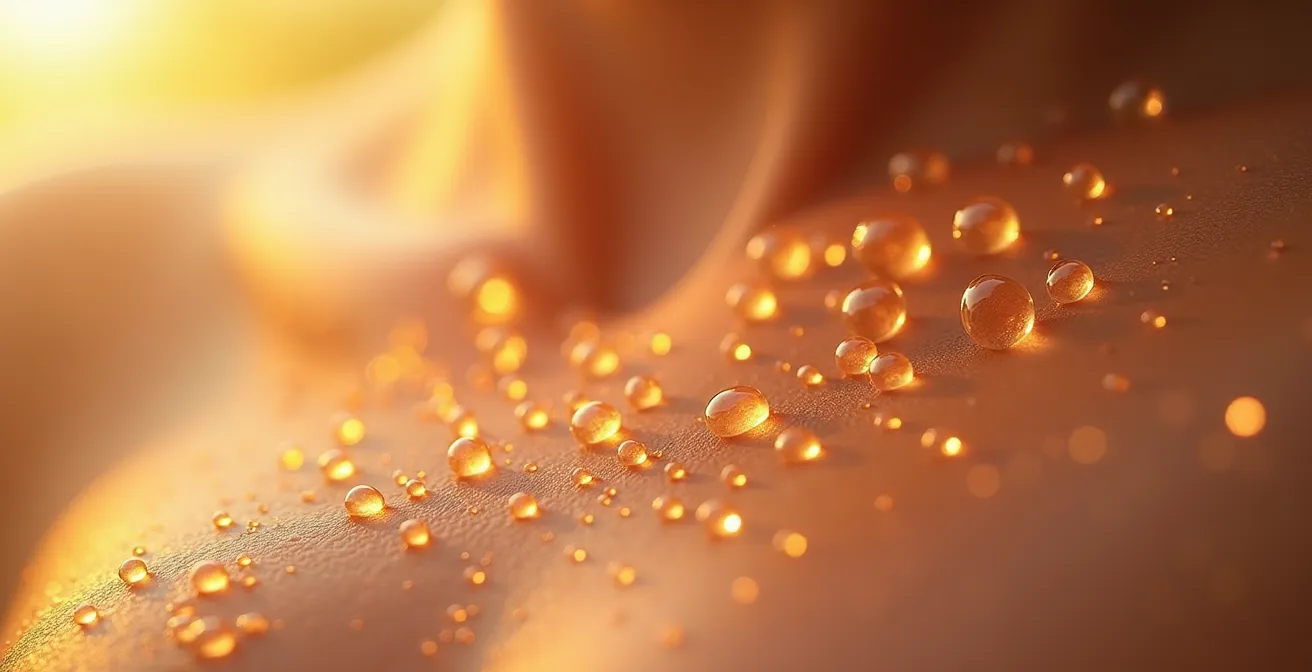 Makroaufnahme von Wassertropfen auf gesunder Haut im Morgenlicht