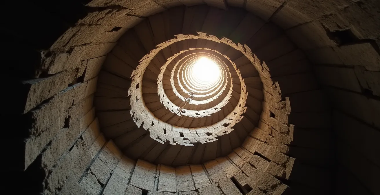 Spiralförmige Steintreppe im Inneren des Kölner Domturms aus der Aufstiegsperspektive