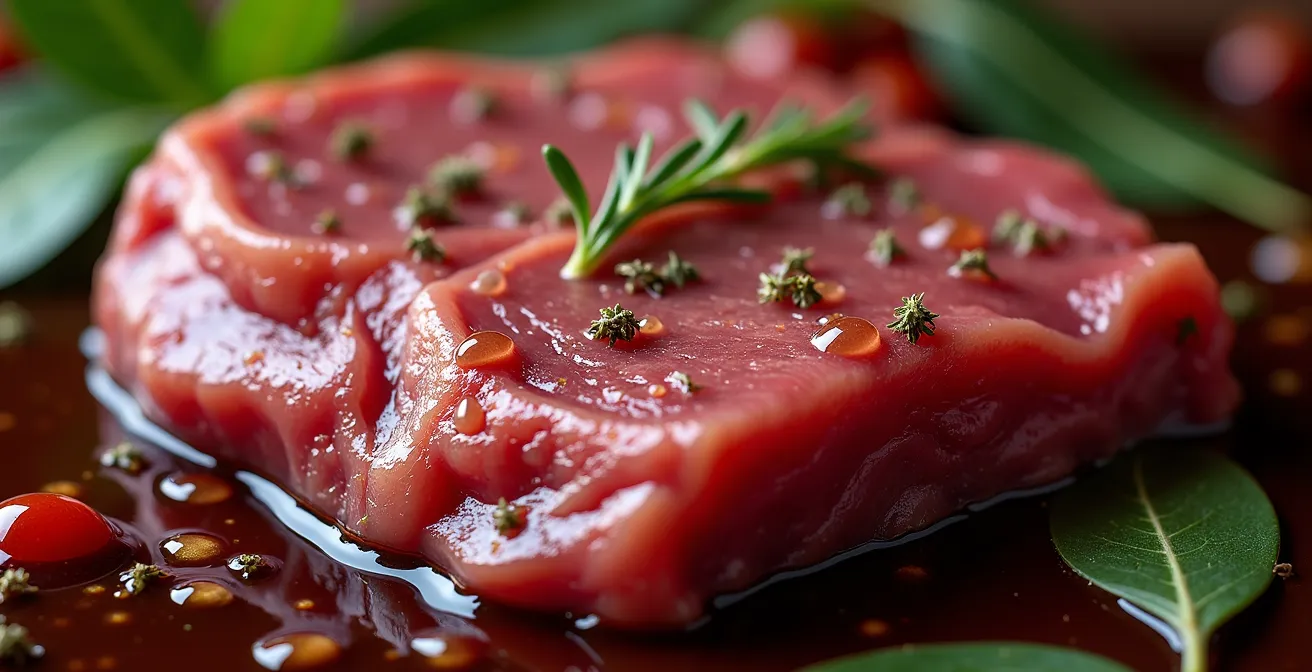 Makroaufnahme von mariniertem Fleisch zeigt die Strukturveränderung durch Säure