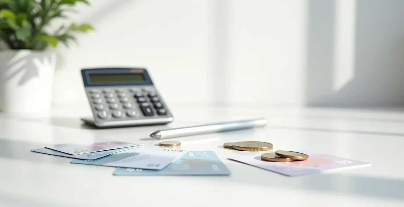Ein Taschenrechner und mehrere Kreditkarten liegen auf einem Schreibtisch, um eine Kosten-Nutzen-Analyse der Jahresgebühren durchzuführen.