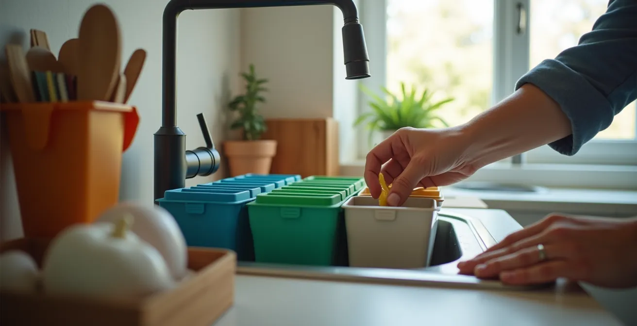 Aufgeräumte Küche mit organisierten Mülltrennungsbehältern unter der Spüle